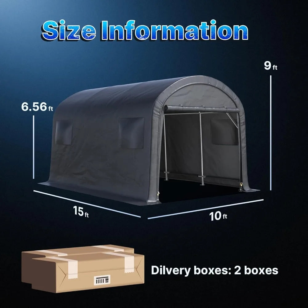 10x15 ft Shelter Storage Shed Steel Metal Round Peak Roof Portable Garage Carport for Motorcycle, Boat, or Garde