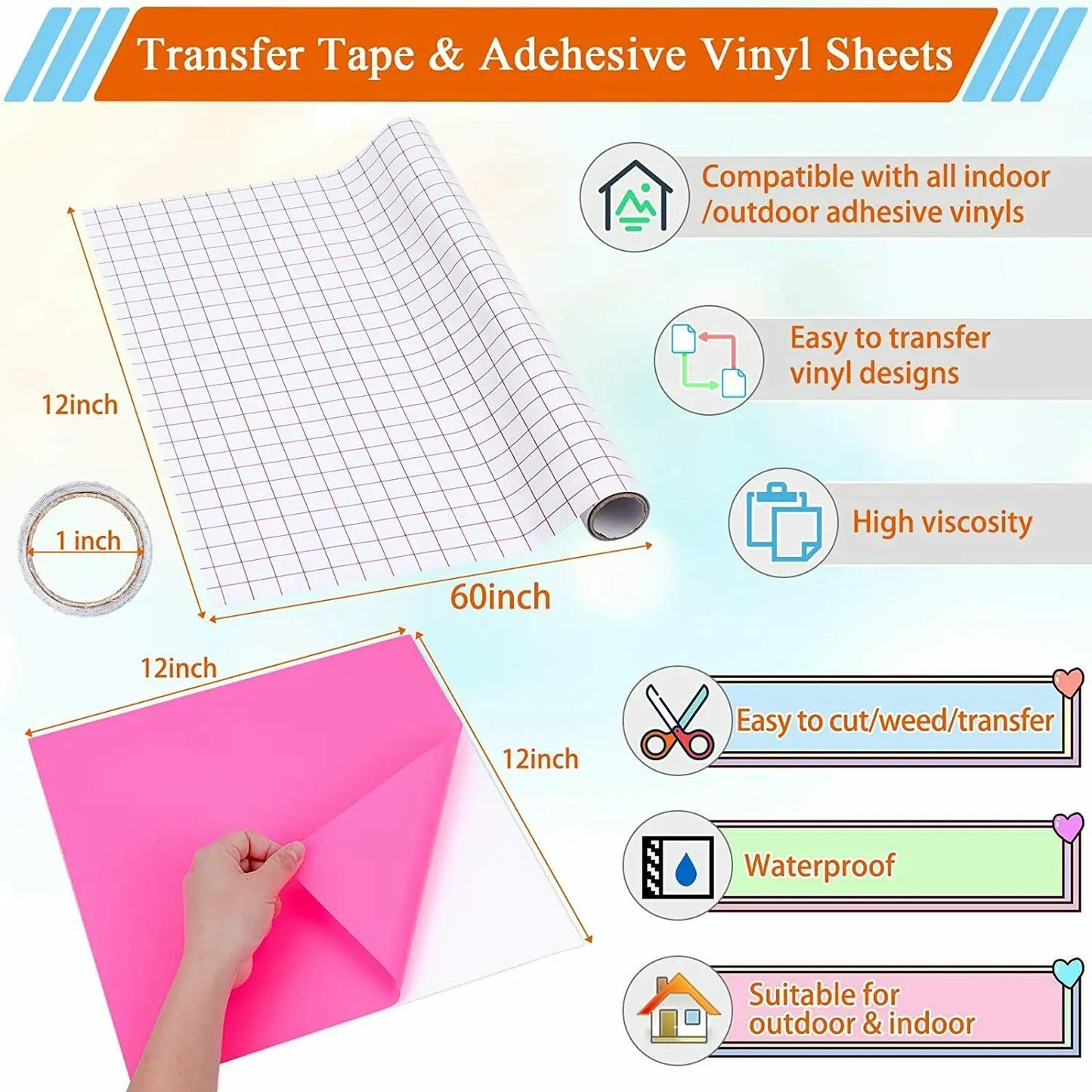 HTVRONT Permanent Adhesive Vinyl Bundle 12" x 12" Adhensive Vinyl Sheets and Transfer Tape Sets for Party Decoration, Stiker