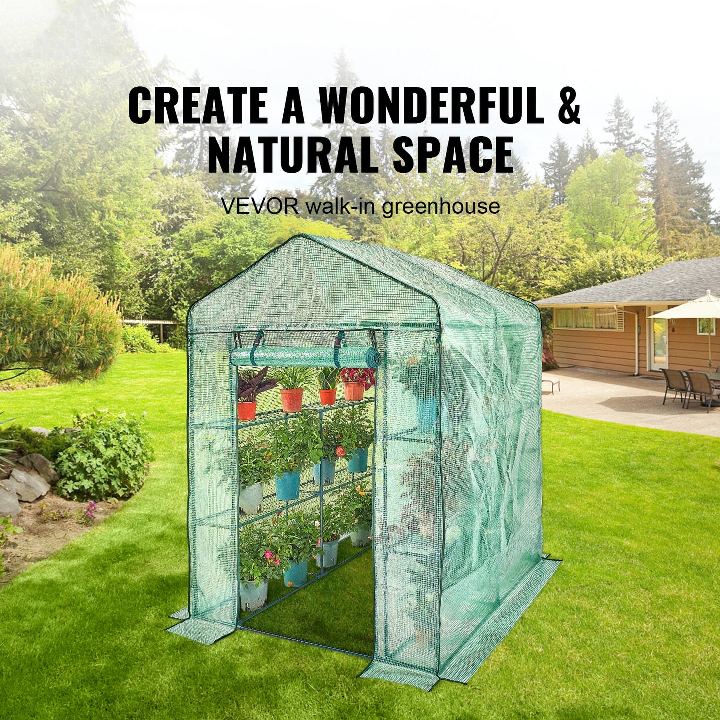 SucceBuy 4.6x4.6x6.6ft Walk-in Greenhouse with Shelves High Strength PE Cover with Zipper Door Suitable for Planting and Storage
