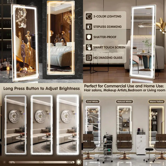 LED Lighted Full Body Floor Mirror, 57 x 17 Free Standing Wall Mountable Mirror for Home and Salon Use