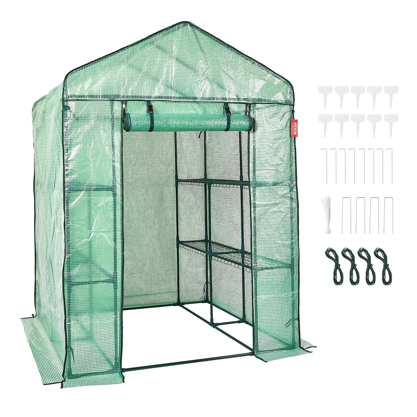 SucceBuy 4.6x4.6x6.6ft Walk-in Greenhouse with Shelves High Strength PE Cover with Zipper Door Suitable for Planting and Storage