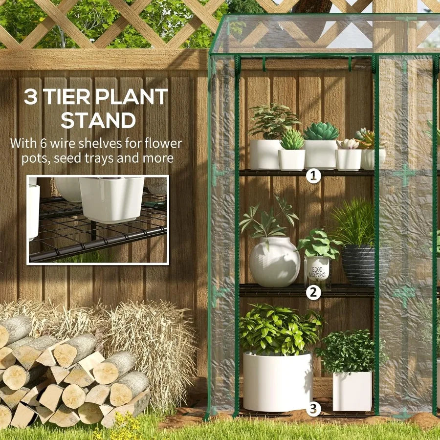 Lean-to Mini Greenhouse with 3 Tier Shelves Portable Green House with 2 Roll-up Doors Garden Plant Grow Hot House for Indoor Ou