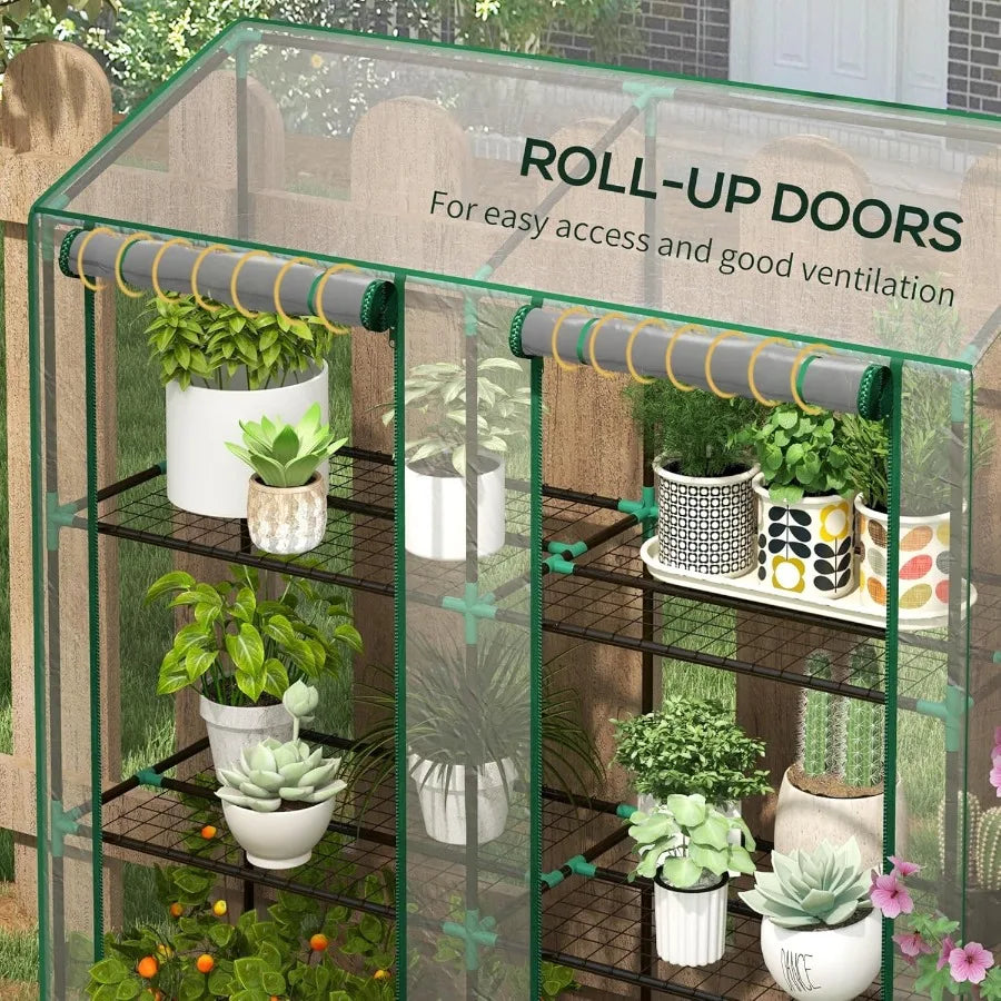 Lean-to Mini Greenhouse with 3 Tier Shelves Portable Green House with 2 Roll-up Doors Garden Plant Grow Hot House for Indoor Ou