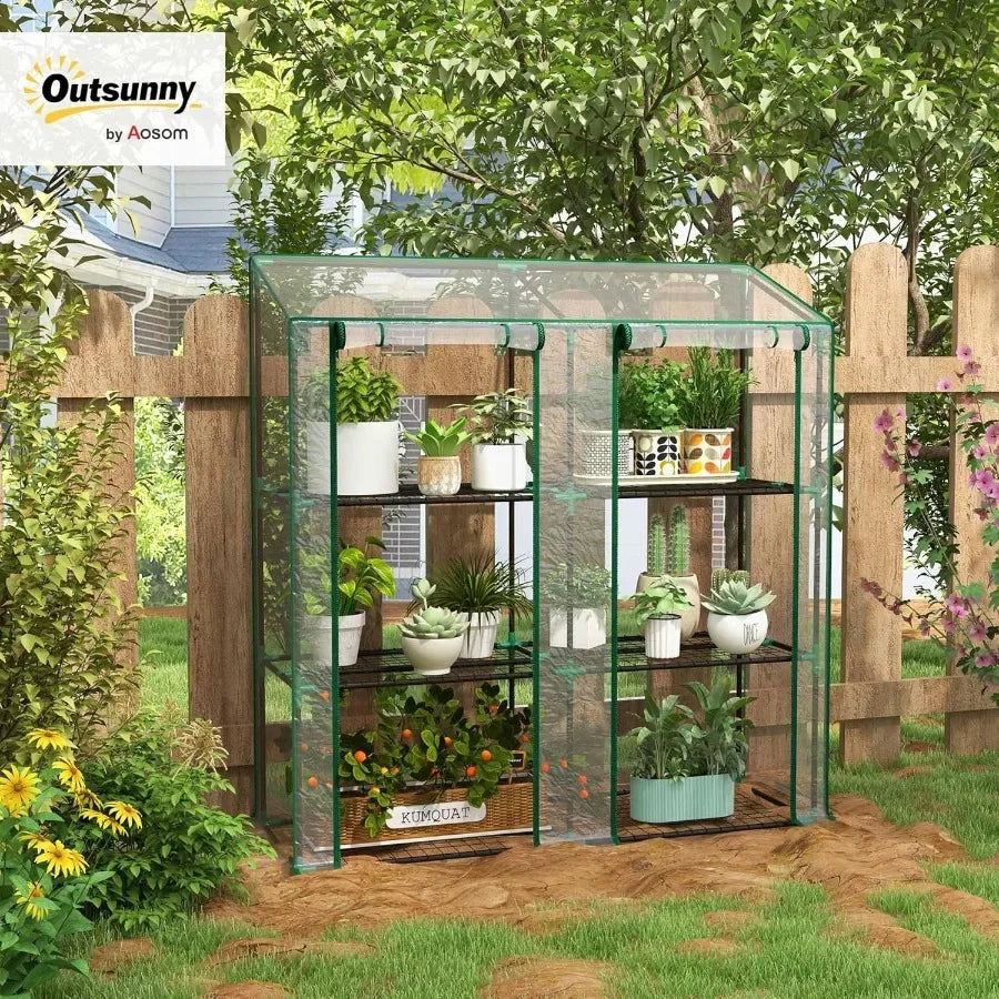Lean-to Mini Greenhouse with 3 Tier Shelves Portable Green House with 2 Roll-up Doors Garden Plant Grow Hot House for Indoor Ou