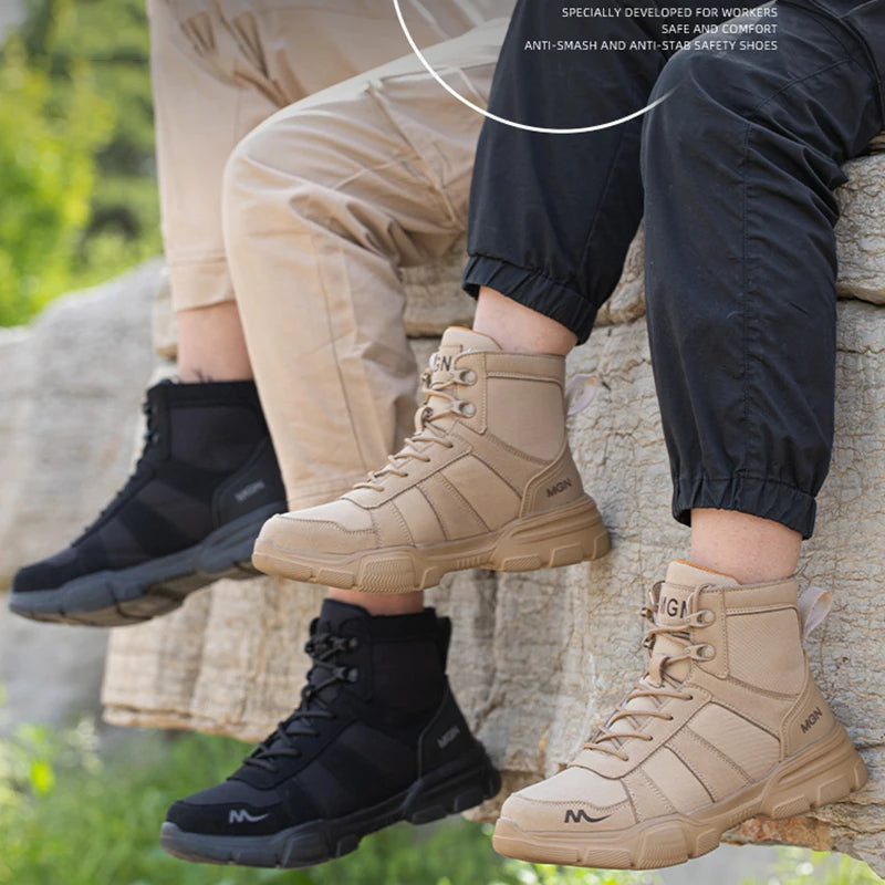 Safety Shoes Steel Toe Boots for Men Slip Resistant Work Sneakers Anti-Puncture Anti-smash Work Shoes Lace Up Hiking Boots