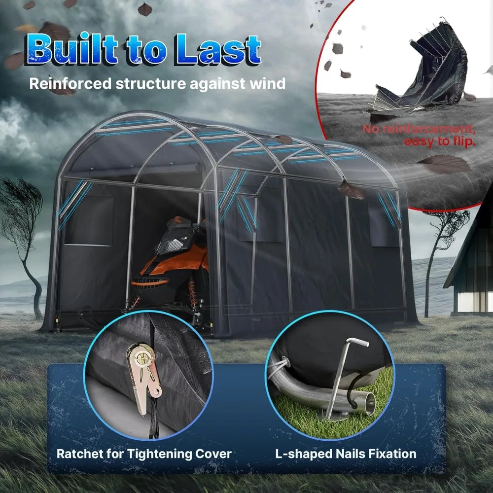 10x15 ft Shelter Storage Shed Steel Metal Round Peak Roof Portable Garage Carport for Motorcycle, Boat, or Garde