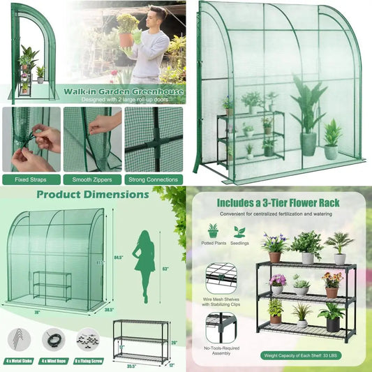 Compact 3-Tier Walk-in Greenhouse with Roll-up Door, Weatherproof Cover, Ideal for Indoor or Outdoor Gardening and Seedlings