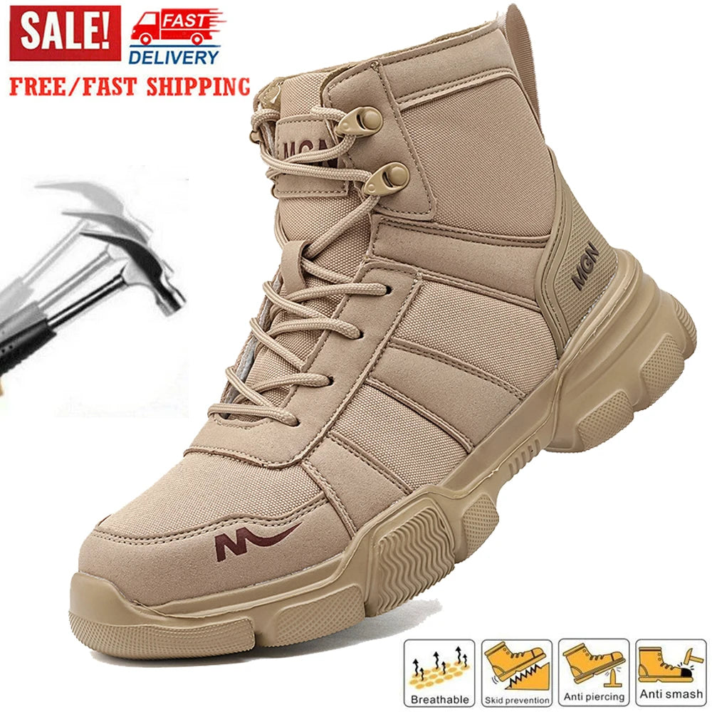 Safety Shoes Steel Toe Boots for Men Slip Resistant Work Sneakers Anti-Puncture Anti-smash Work Shoes Lace Up Hiking Boots
