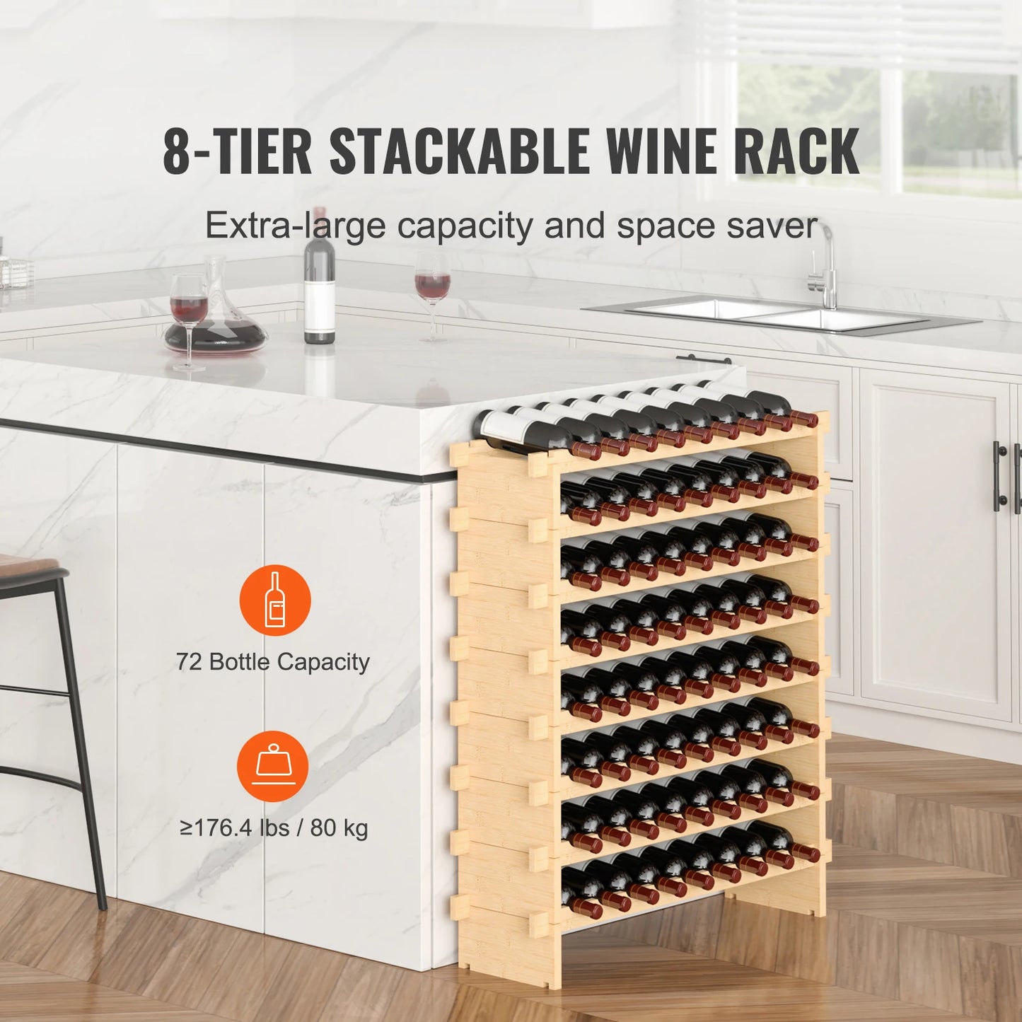 SucceBuy Bamboo Stackable Wine Rack 8 Tier Free Standing Storage