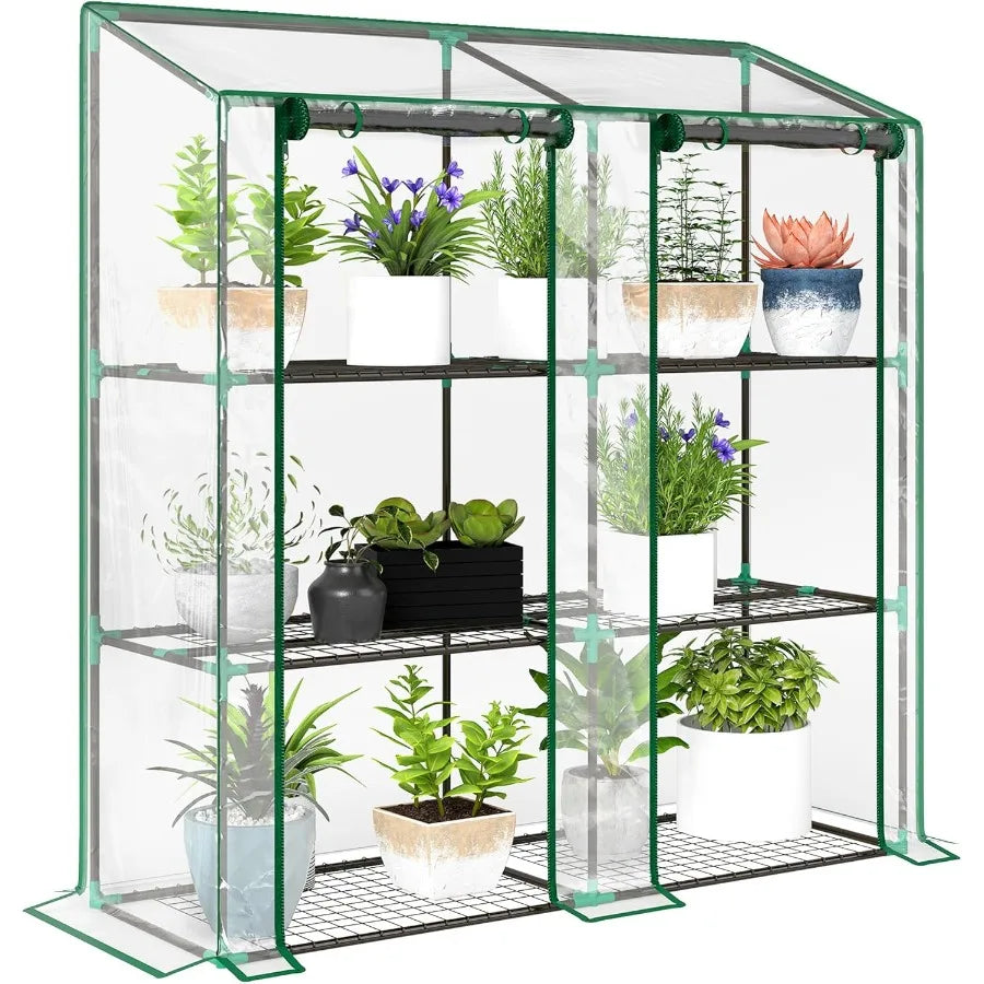 Lean-to Mini Greenhouse with 3 Tier Shelves Portable Green House with 2 Roll-up Doors Garden Plant Grow Hot House for Indoor Ou
