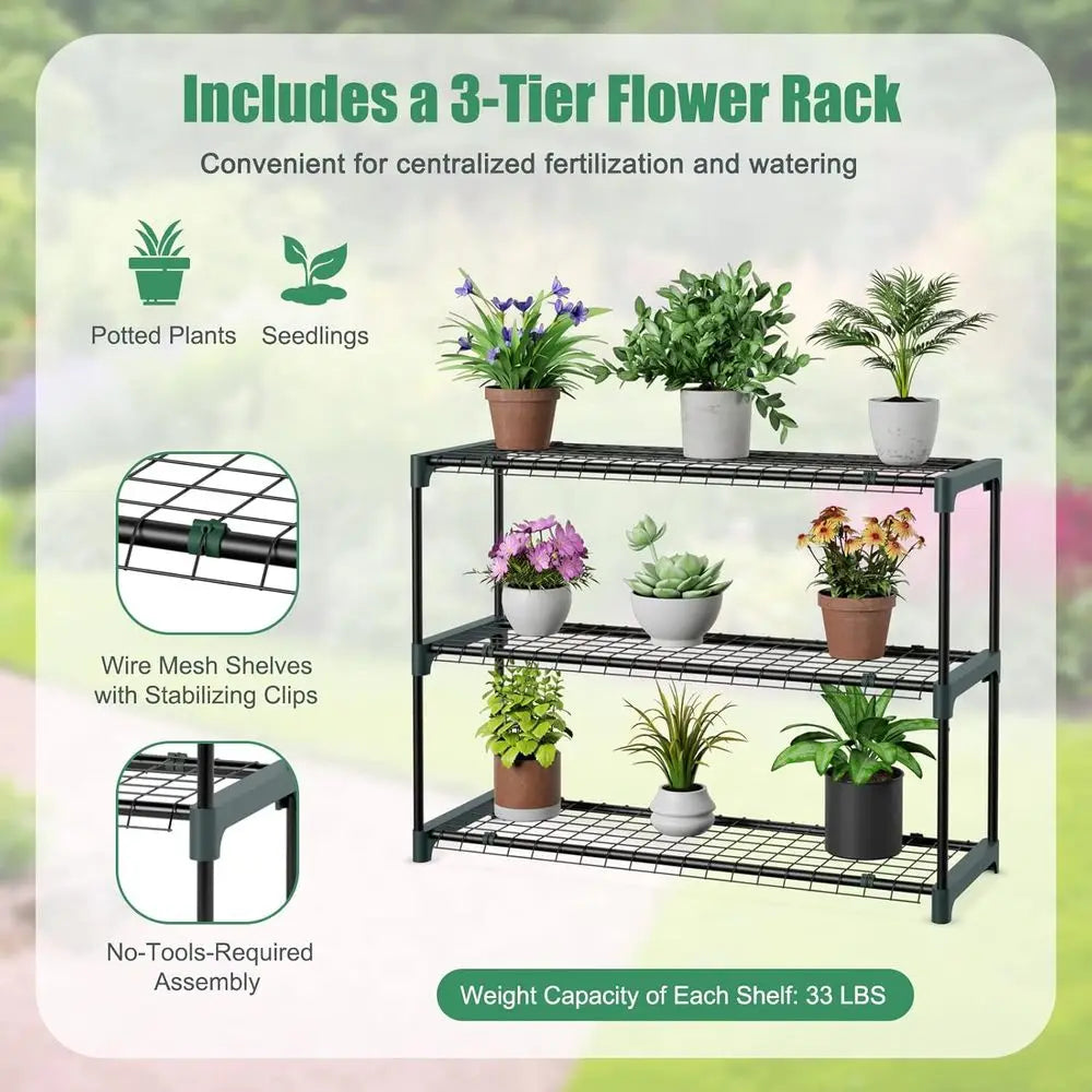 Compact 3-Tier Walk-in Greenhouse with Roll-up Door, Weatherproof Cover, Ideal for Indoor or Outdoor Gardening and Seedlings