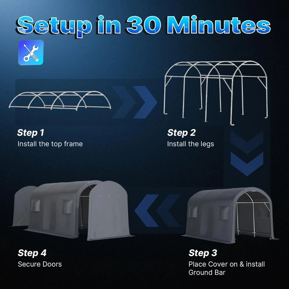 10x15 ft Shelter Storage Shed Steel Metal Round Peak Roof Portable Garage Carport for Motorcycle, Boat, or Garde