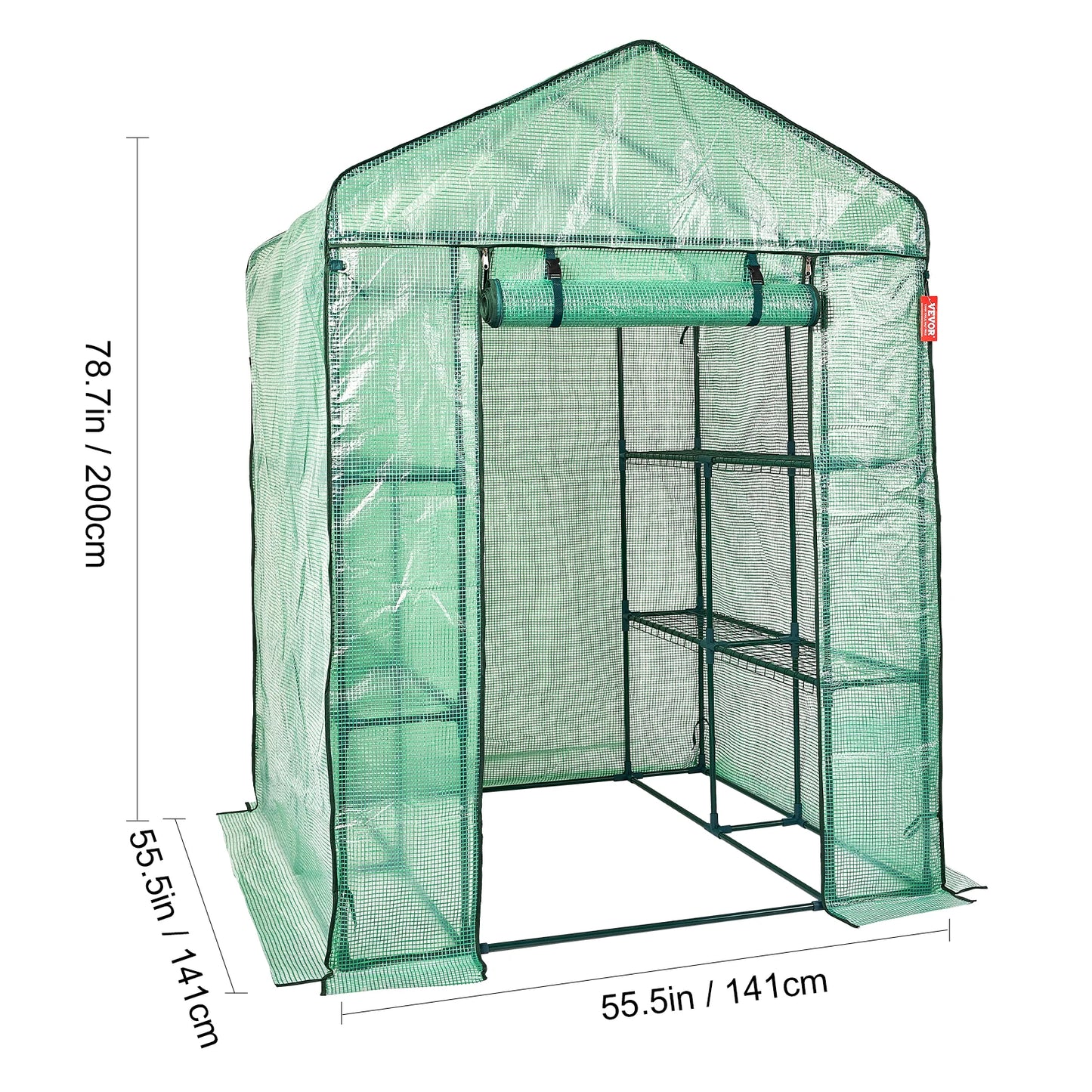 SucceBuy 4.6x4.6x6.6ft Walk-in Greenhouse with Shelves High Strength PE Cover with Zipper Door Suitable for Planting and Storage