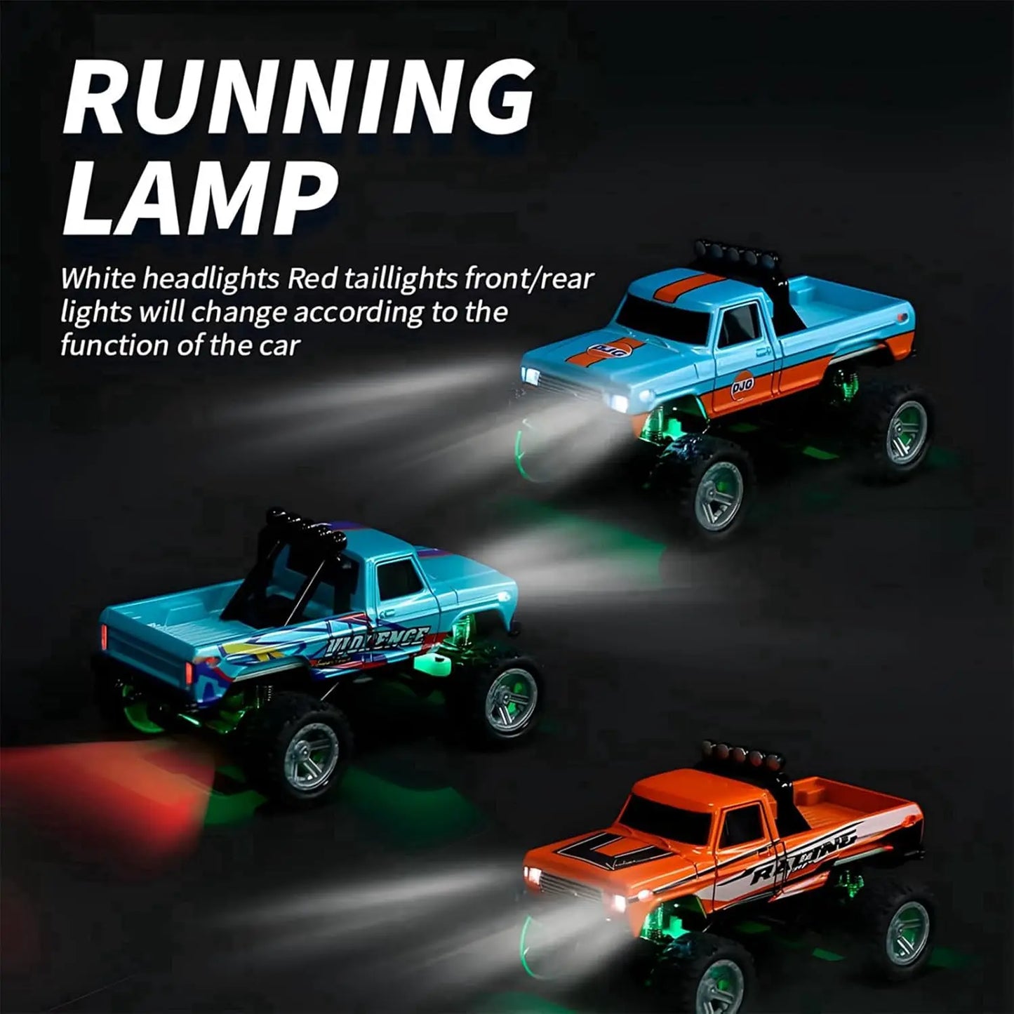 Mini Rc Truck, 1:64 Scale Monster Truck Remote Control Car With Lights，Mini Monster Truck ，Speed/Steering Adjustable