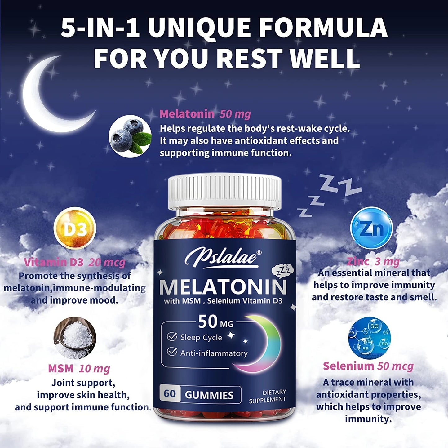 Melatonin Gummies - Sleep Aid, Improve Sleep Quality and Support Deep Sleep - 60 Gummies