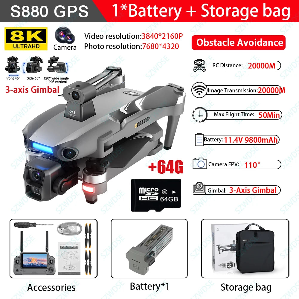 S880 Max Fishing GPS Drone 8K Dual Camera 5G Wifi FPV 3-Axis Gimbal Professional Obstacle Avoidance Quadcopter Airdrop RC Dron