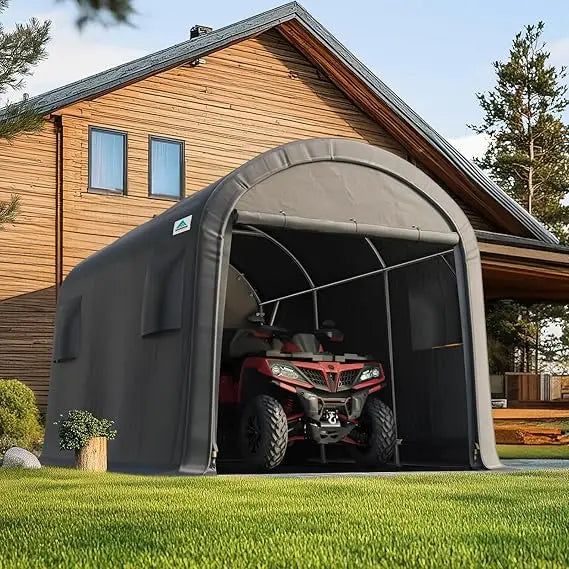 10x15 ft Shelter Storage Shed Steel Metal Round Peak Roof Portable Garage Carport for Motorcycle, Boat, or Garde