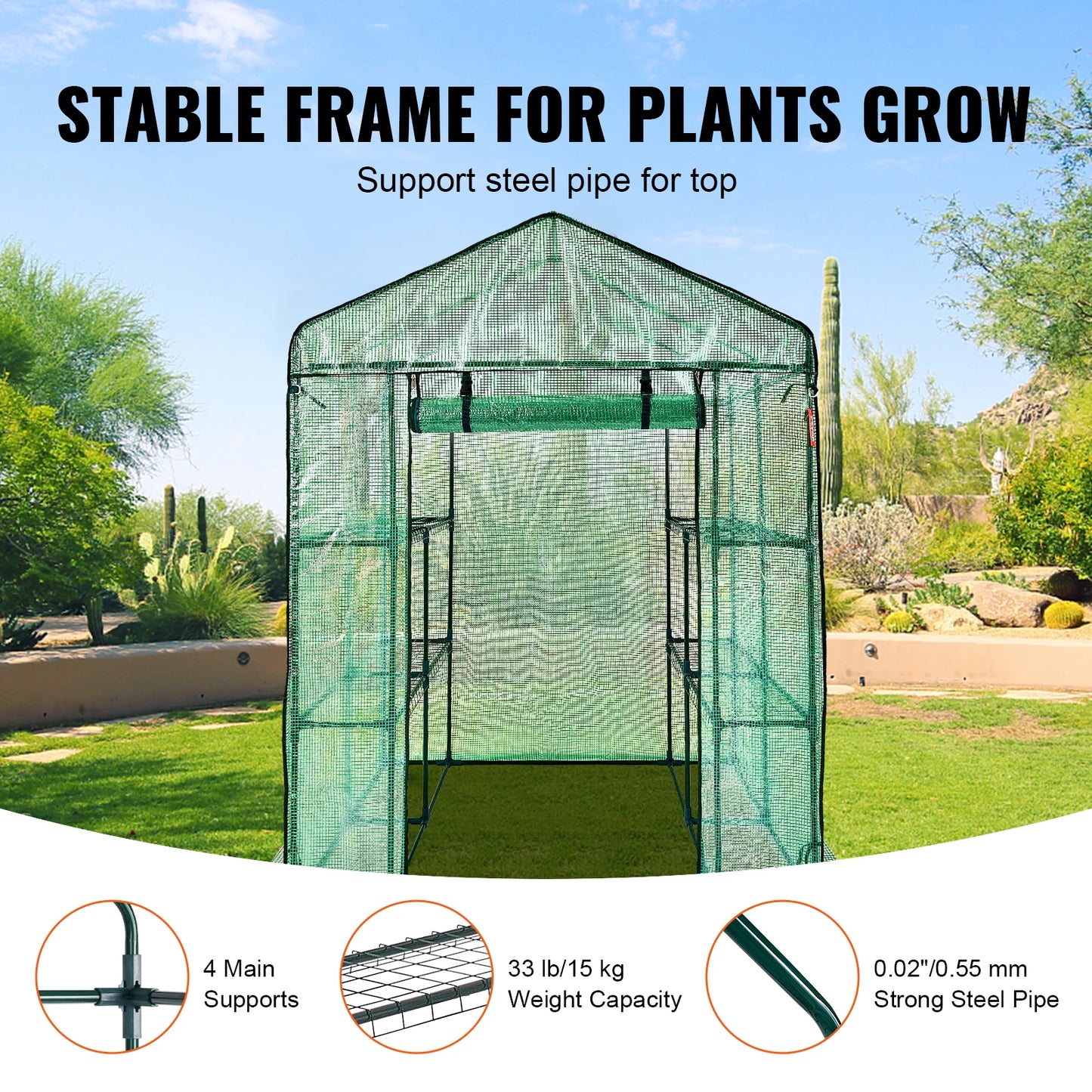 SucceBuy 4.6x4.6x6.6ft Walk-in Greenhouse with Shelves High Strength PE Cover with Zipper Door Suitable for Planting and Storage