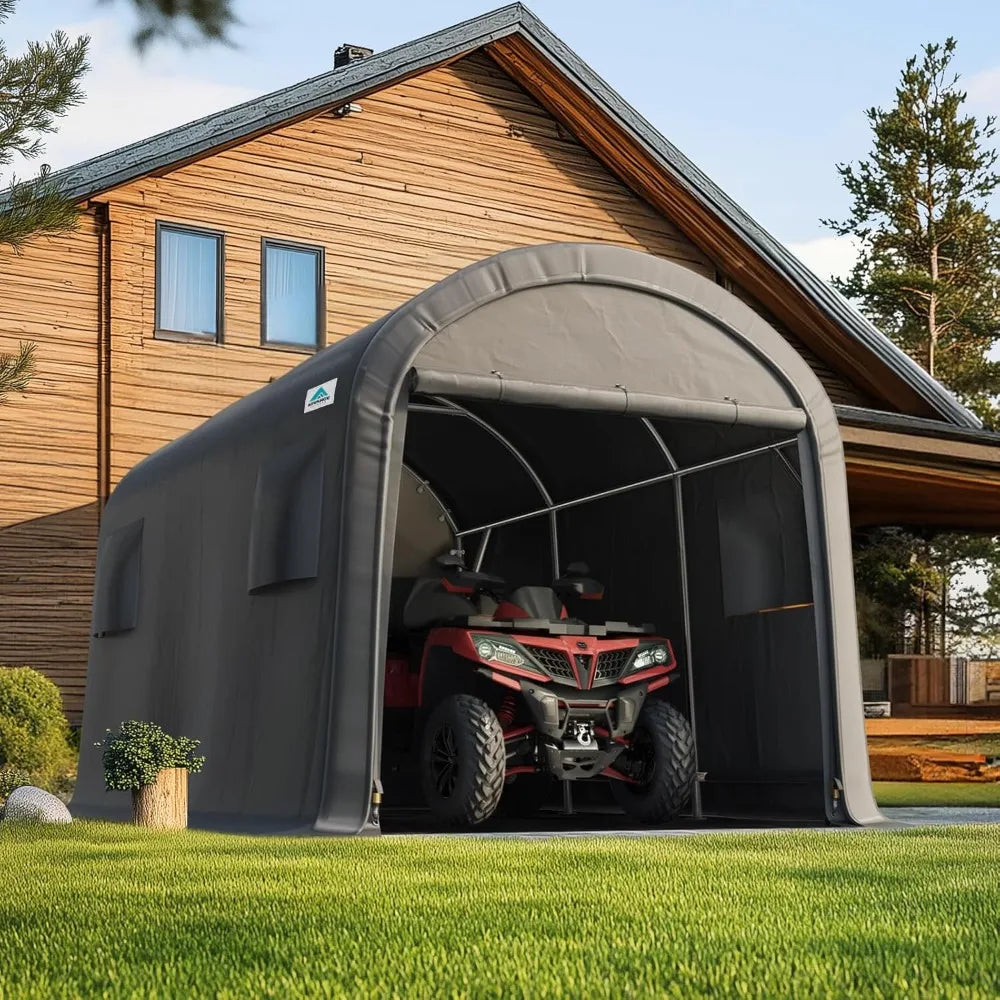 10x15 ft Shelter Storage Shed Steel Metal Round Peak Roof Portable Garage Carport for Motorcycle, Boat, or Garde